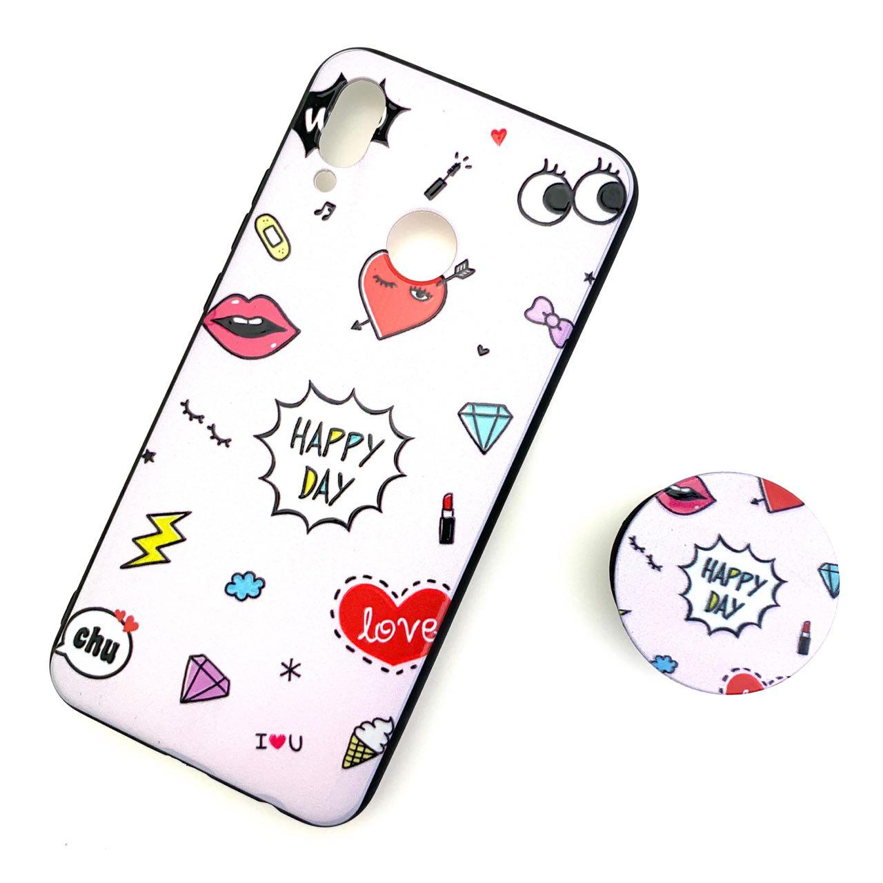 Чехол накладка для HUAWEI P20 Lite, Nova 3E, силикон, с поп сокетом, рисунок Happy Day.