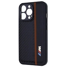 Чехол накладка для APPLE iPhone 13 Pro, силикон, карбон, экокожа, защита камеры, знак BMW M серии, цвет черный с коричневой полоской