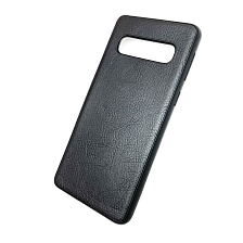 Чехол накладка для SAMSUNG Galaxy S10 (SM-G973), силикон, под кожу, с логотипом, цвет черный.