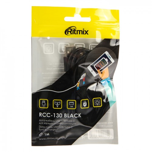 Кабель RITMIX RCC-130, черный, USB 2.0 - USB Type-C, 1 м. (1/100).