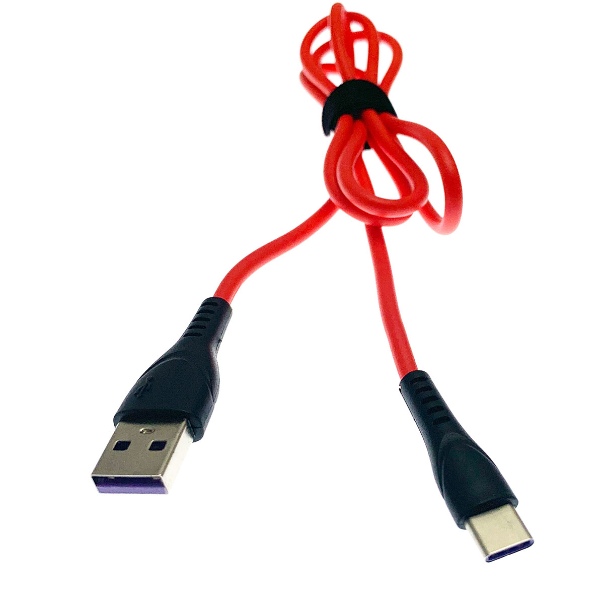 USB Дата-кабель "R18" Type-C USB 3.0 силиконовый эластичный, морозоустойчивый, длина 1 метр, красного цвета, фиолетовые контакты.
