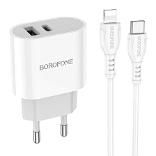 СЗУ (Сетевое зарядное устройство) BOROFONE BA62A Wiseacre с кабелем USB Type C на Lightning 8 pin, 12W, 2.4A, 1 USB, 1 USB Type C, длина 1 метр, цвет белый