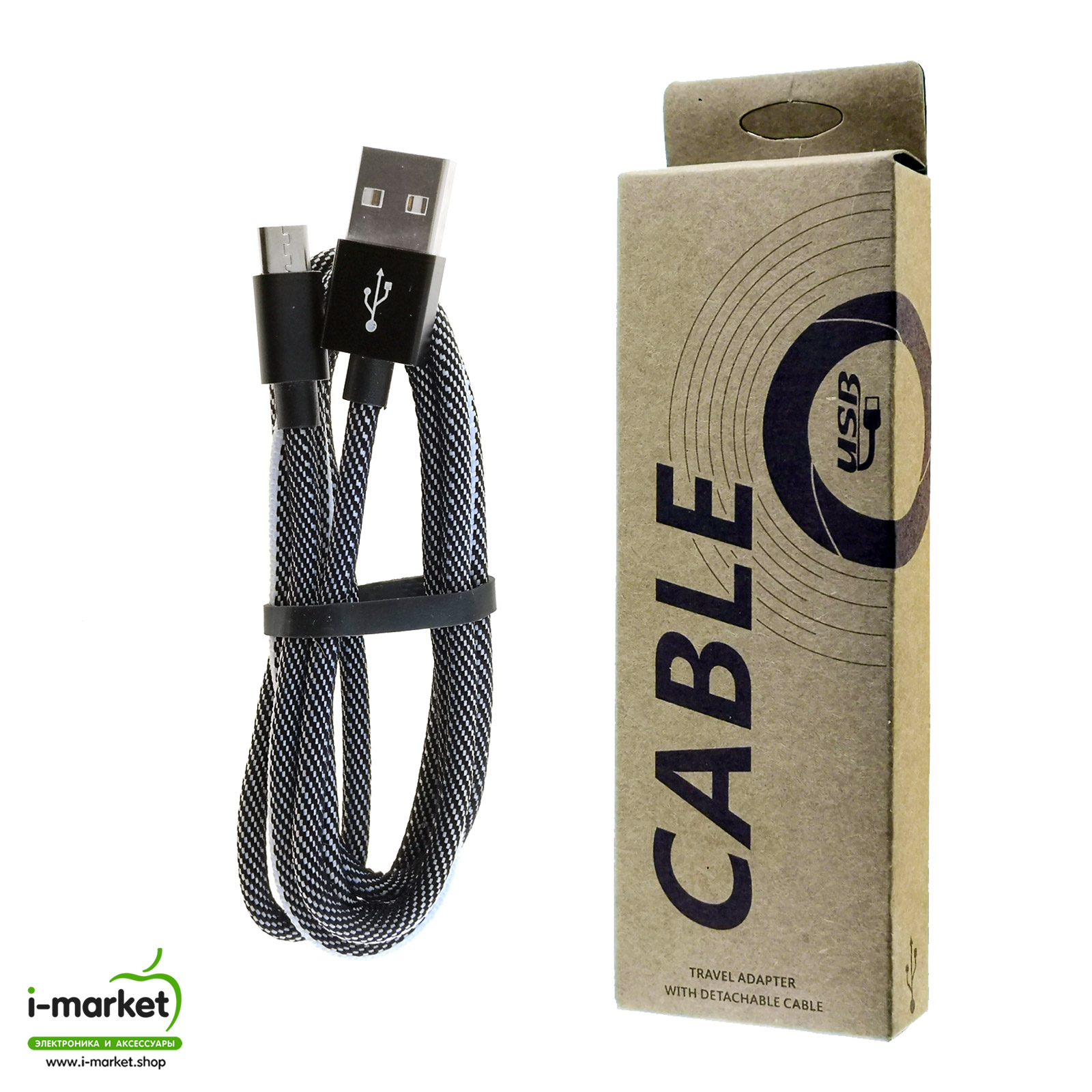 USB Дата кабель Micro USB, длина 1 метр, тканевое армирование, цвет бело черный