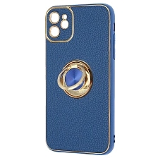 Чехол накладка для APPLE iPhone 11, силикон, пластик, экокожа, металл, кольцо держатель, защита камеры, цвет синий