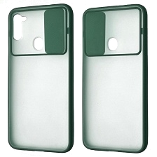 Чехол накладка для SAMSUNG Galaxy A11 (SM-A115), Galaxy M11 (M115), силикон, пластик, матовый, со шторкой для защиты задней камеры, цвет окантовки темно зеленый