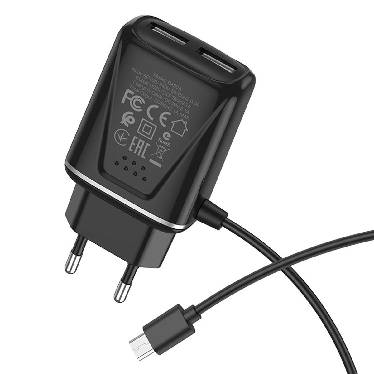 СЗУ (Сетевое зарядное устройство) BOROFONE BA50A Beneficence со встроенным кабелем Micro USB, 2.1A, 2 USB, длина 1 метр, цвет черный