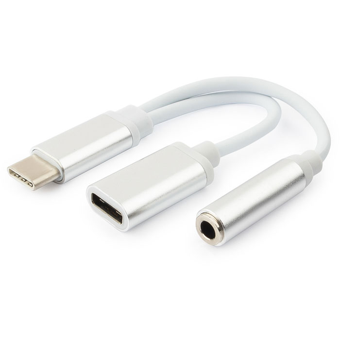 Аудиопереходник USB Type-C на 3,5 мм Mini Jack + на зарядку USB Type-C металл. (серебро/европакет).