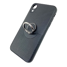 Чехол накладка для APPLE iPhone XR, силикон, под кожу, кольцо держатель, цвет черный.