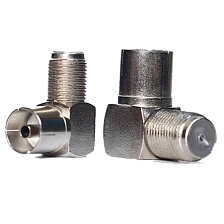 Антенный телевизионный переходник F10 ТВ-гнездо на F-гнездо, угловой (мама), металл