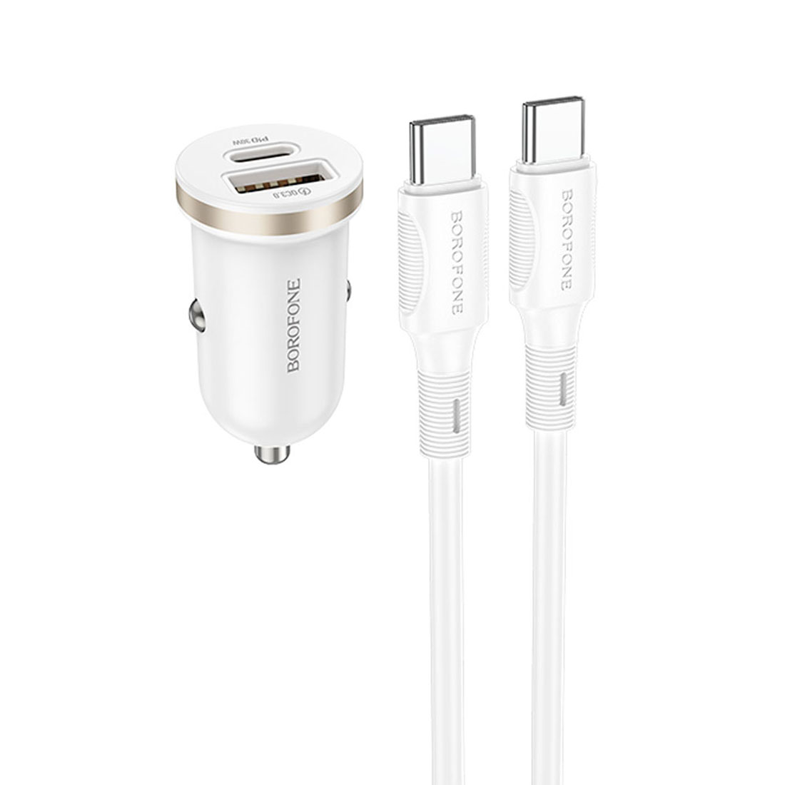 АЗУ (Автомобильное зарядное устройство) BOROFONE BZ22 Scenery с кабелем USB Type C на USB Type C, PD30W, QC3.0 18W, 1 USB Type C, 1 USB, длина 1 метр, цвет белый