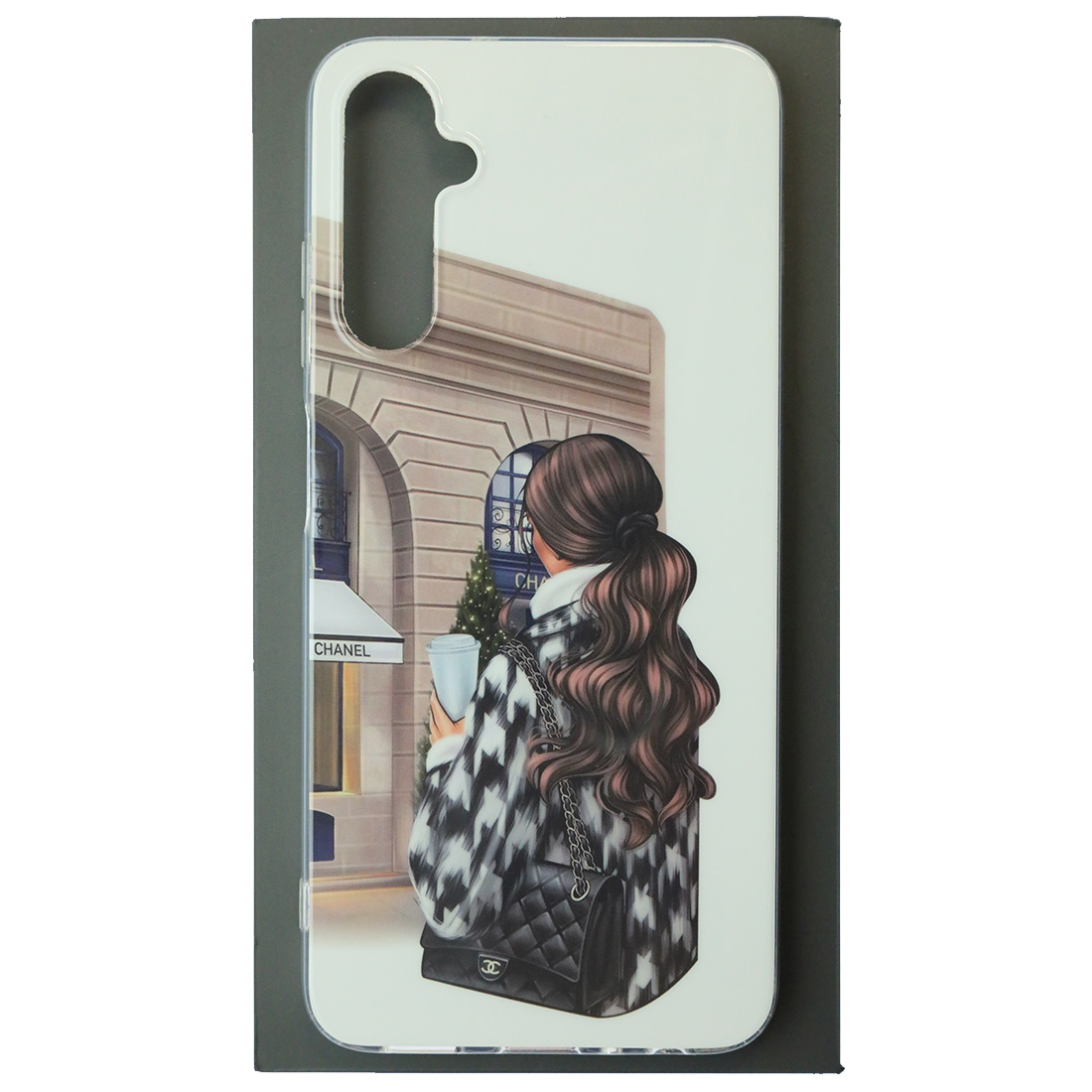 Чехол накладка для SAMSUNG Galaxy A05s, силикон, глянцевый, рисунок Девушка с сумкой CHANEL