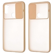 Чехол накладка для SAMSUNG Galaxy A11 (SM-A115), Galaxy M11 (M115), силикон, пластик, матовый, со шторкой для защиты задней камеры, цвет окантовки персиковый