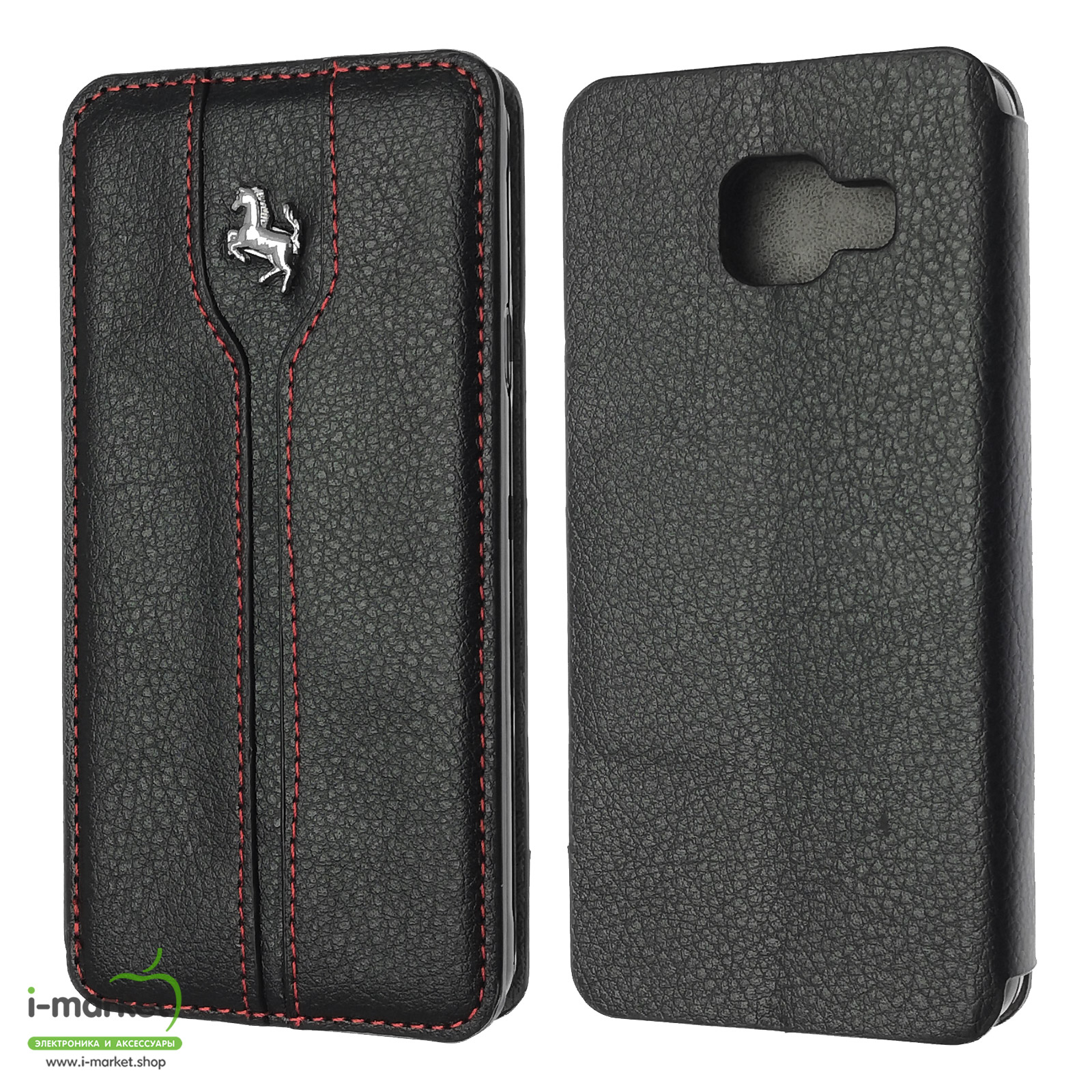 Чехол книжка для SAMSUNG Galaxy A3 2016 (SM-A310), экокожа, логотип Ferrari, цвет черный.