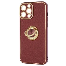 Чехол накладка для APPLE iPhone 13 Pro Max (6.7"), силикон, пластик, экокожа, металл, кольцо держатель, защита камеры, цвет темно бордовый