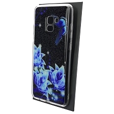 Чехол накладка для SAMSUNG Galaxy A8 Plus (SM-A730), силикон, глянцевый, блестки, рисунок Цветы и бабочка