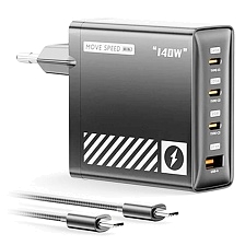 СЗУ (Сетевое зарядное устройство) с кабелем TYPE-C MOVESPEED HC-TR271A, GaN, 1 USB, 4 TYPE-C, 140W, цвет серый