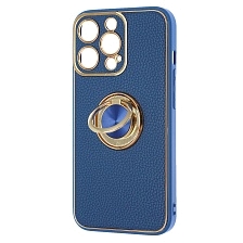 Чехол накладка для APPLE iPhone 13 Pro (6.1"), силикон, пластик, экокожа, металл, кольцо держатель, защита камеры, цвет синий
