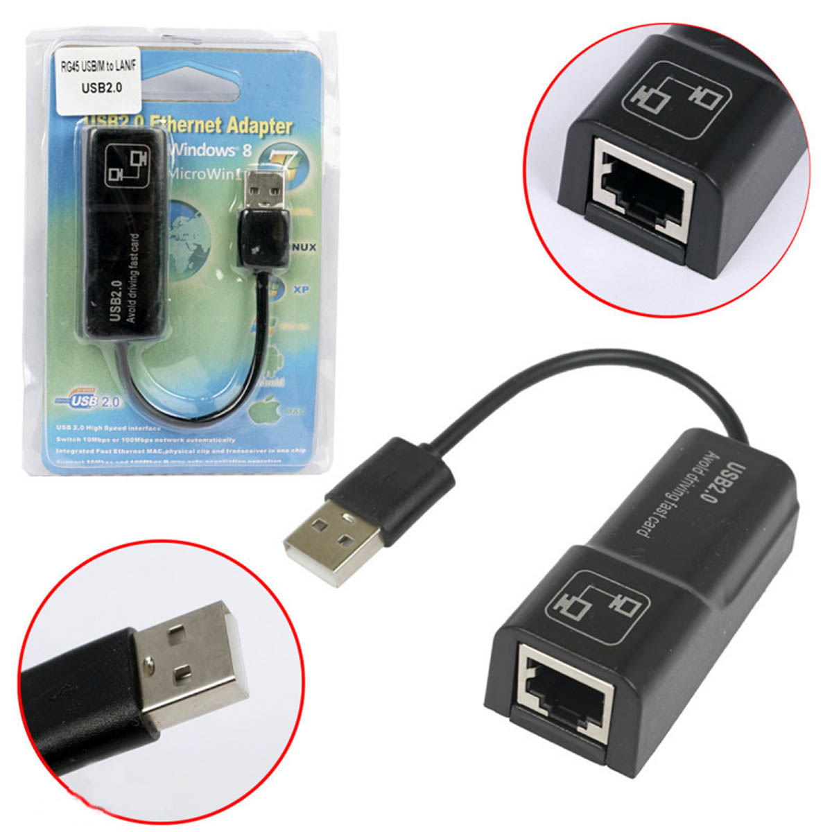 Адаптер, переходник USB 2.0 AM на Ethernet LAN RJ-45, скорость до 100 Мбит/с, цвет черный