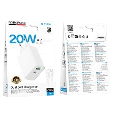 СЗУ (Сетевое зарядное устройство) c кабелем Type C на Type C BOROFONE BA106A Stellar, 20W, 1 USB A 18W, 1 USB Type C 20W, PD20W, QC3.0, цвет белый