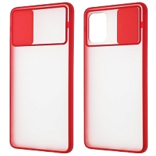 Чехол накладка для SAMSUNG Galaxy A71 (SM-A715), силикон, пластик, матовый, со шторкой для защиты задней камеры, цвет окантовки красный