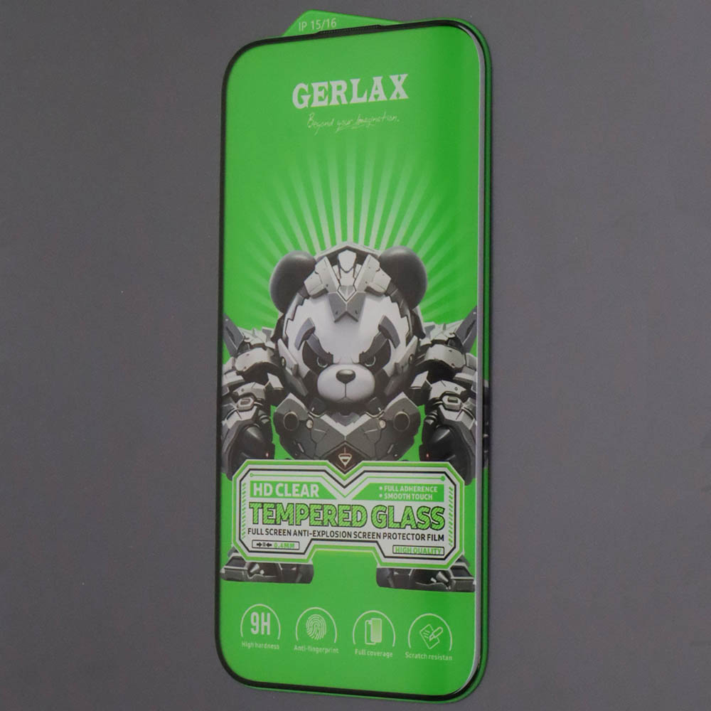 Защитное стекло GERLAX GG-601 для APPLE iPhone 15, iPhone 16, сеточка для динамика, цвет окантовки черный