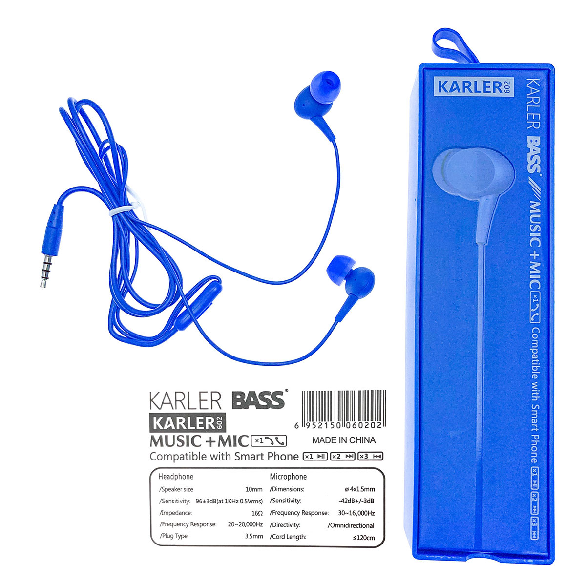 Гарнитура (наушники с микрофоном) проводная, KARLER 602 BASS, в силиконовой оболочке, цвет синий.