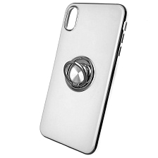 Чехол накладка для APPLE iPhone XS MAX, силикон, лого, кольцо держатель, цвет белый.