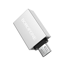 Адаптер, переходник, конвертер BOROFONE BV2 USB на Micro USB, поддержка OTG, USB3.0, цвет серебристый