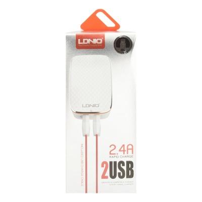 СЗУ "LDNIO" 2 USB выхода 2,4А Quick Charge 2.0 + кабель Apple 8 pin A2204 (белая/коробка).