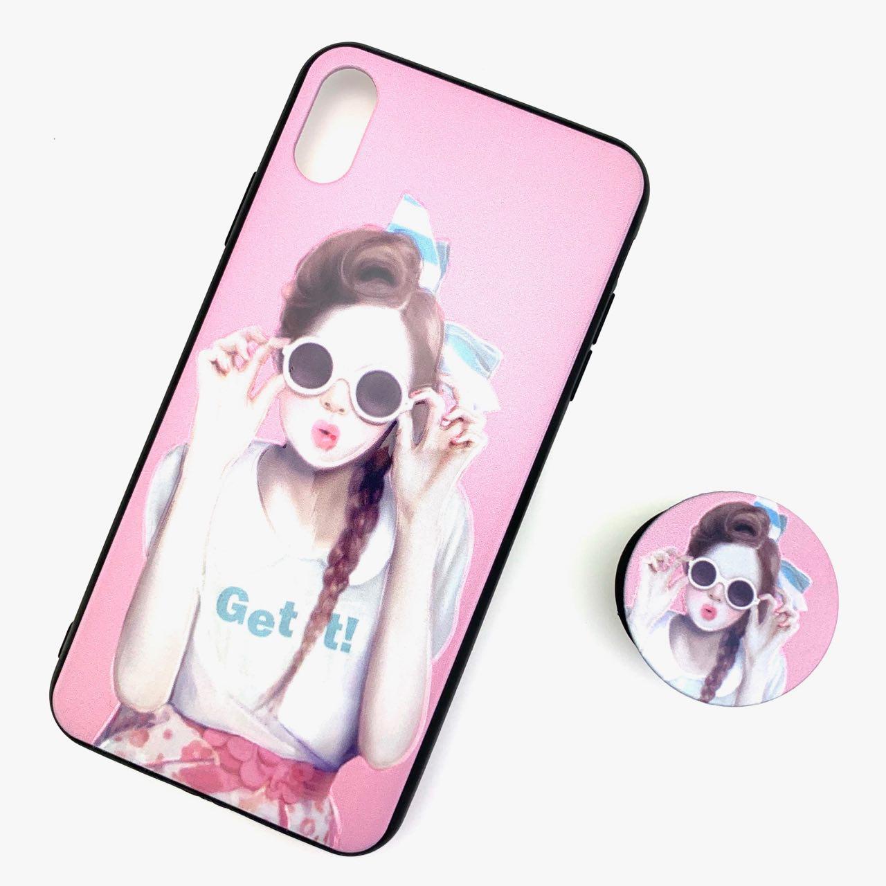 Чехол накладка для APPLE iPhone XS MAX, силикон, с поп сокетом, рисунок Девушка в круглых очках.