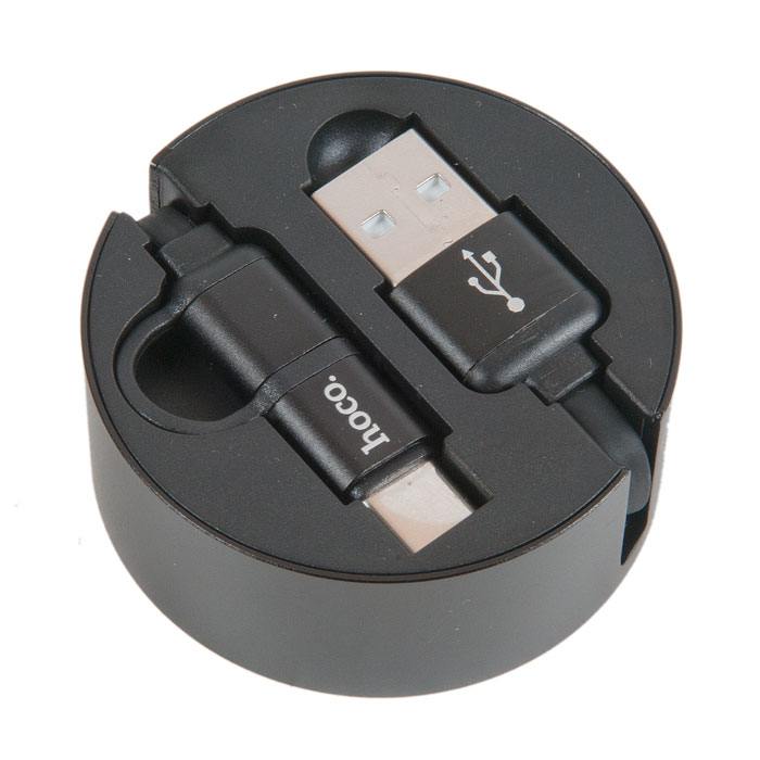 HOCO U23 USB дата-кабель рулетка 2 в 1 Micro-USB + Type-C, цвет чёрный.