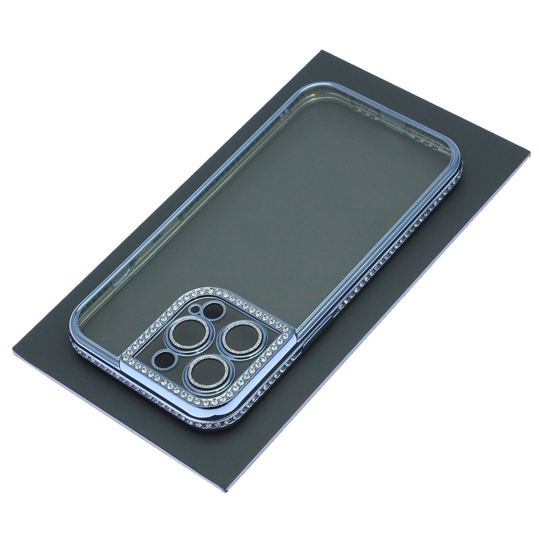 Чехол накладка для APPLE iPhone 13 Pro, силикон, защита камеры, стразы, цвет окантовки голубой