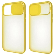 Чехол накладка для APPLE iPhone 12 (6.1"), iPhone 12 Pro (6.1"), силикон, пластик, матовый, со шторкой для защиты задней камеры, цвет окантовки желтый