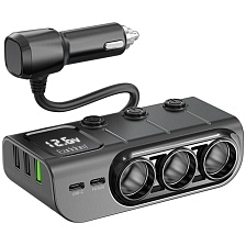Разветвитель прикуривателя EARLDOM ES-CS4 120W, дисплей, 3 выхода, 2 Type-C, 3 USB, длина кабеля 1 метр, цвет черный