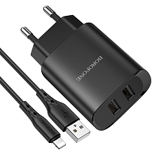 СЗУ (Сетевое зарядное устройство) BOROFONE BN2 Super fast с кабелем APPLE Lightning 8 pin, 2.1А, длина 1 метр, цвет черный | Последняя цена