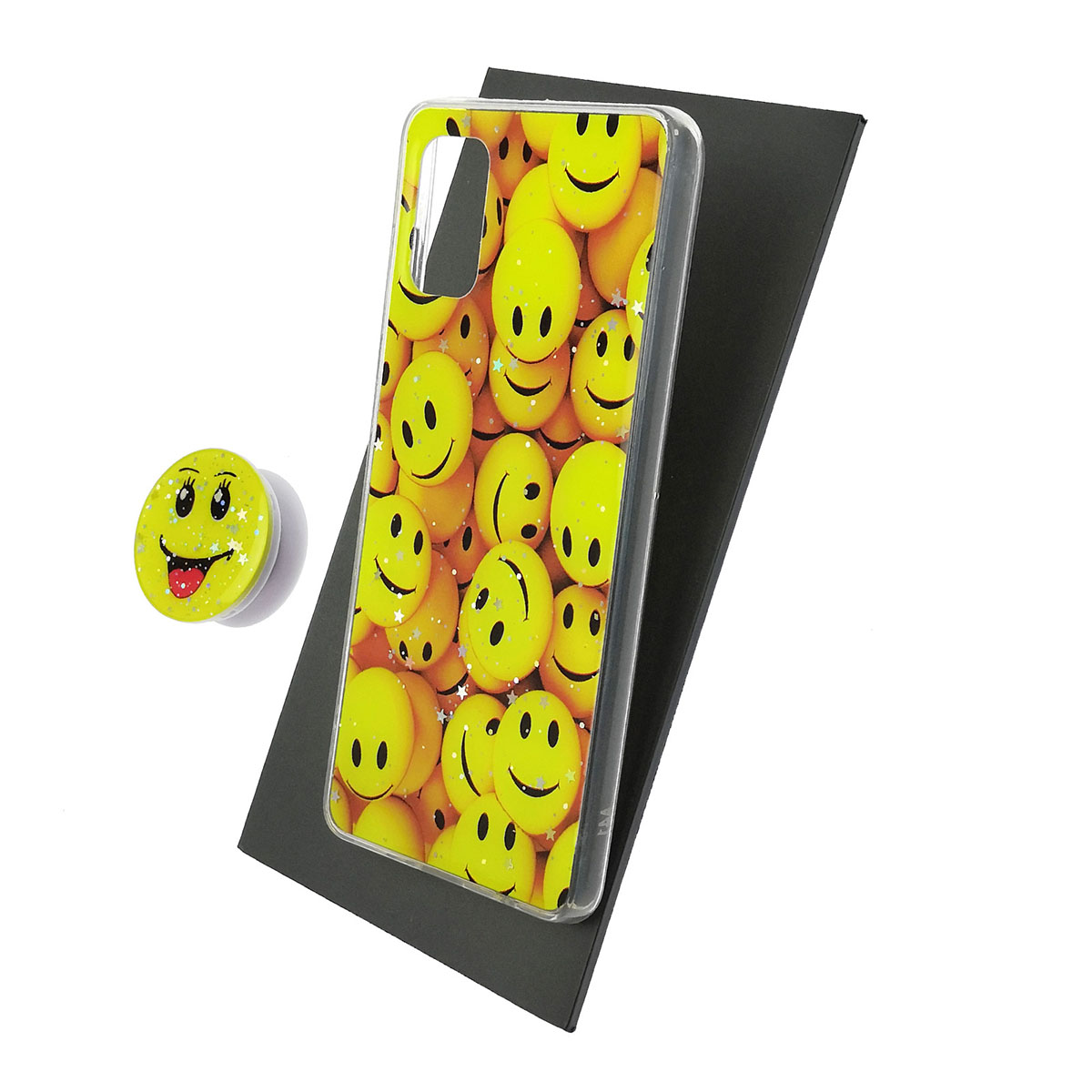 Чехол накладка для SAMSUNG Galaxy A41 (SM-A415), силикон, фактурный глянец, с поп сокетом, рисунок Smile