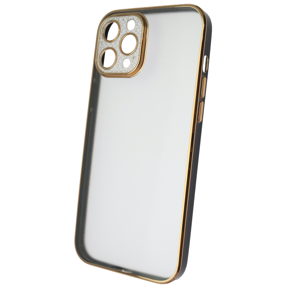 Чехол накладка для APPLE iPhone 12 Pro MAX (6.7"), силикон, пластик, стразы, защита камеры, цвет окантовки золотисто черный