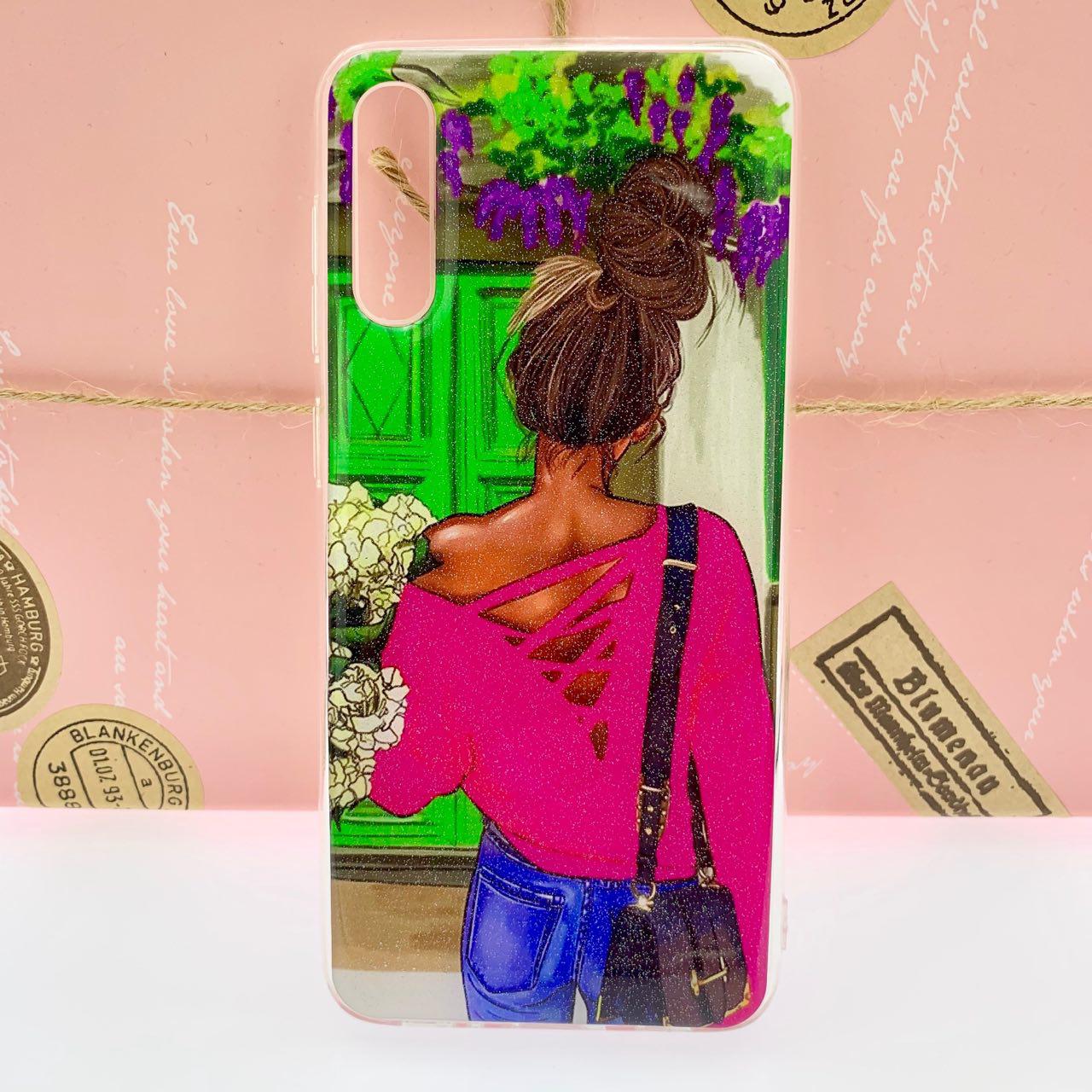 Чехол накладка для SAMSUNG Galaxy A50 (SM-A505), A30s (SM-A307), A50s (SM-A507), силикон, глянец, рисунок Девушка с цветами со спины.