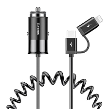 АЗУ (Автомобильное зарядное устройство) BASEUS Enjoy Together 2-in-1 Car Charger CCALL-EL01, 4.8А, длина 1.2 метра, цвет черный