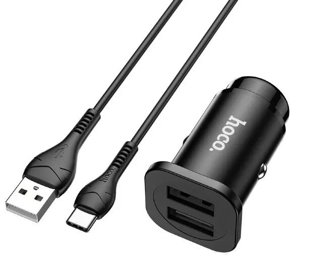 АЗУ (автомобильное зарядное устройство) HOCO NZ4 Wise, 2 USB порта, кабель Type-C, 1 метр, цвет черный