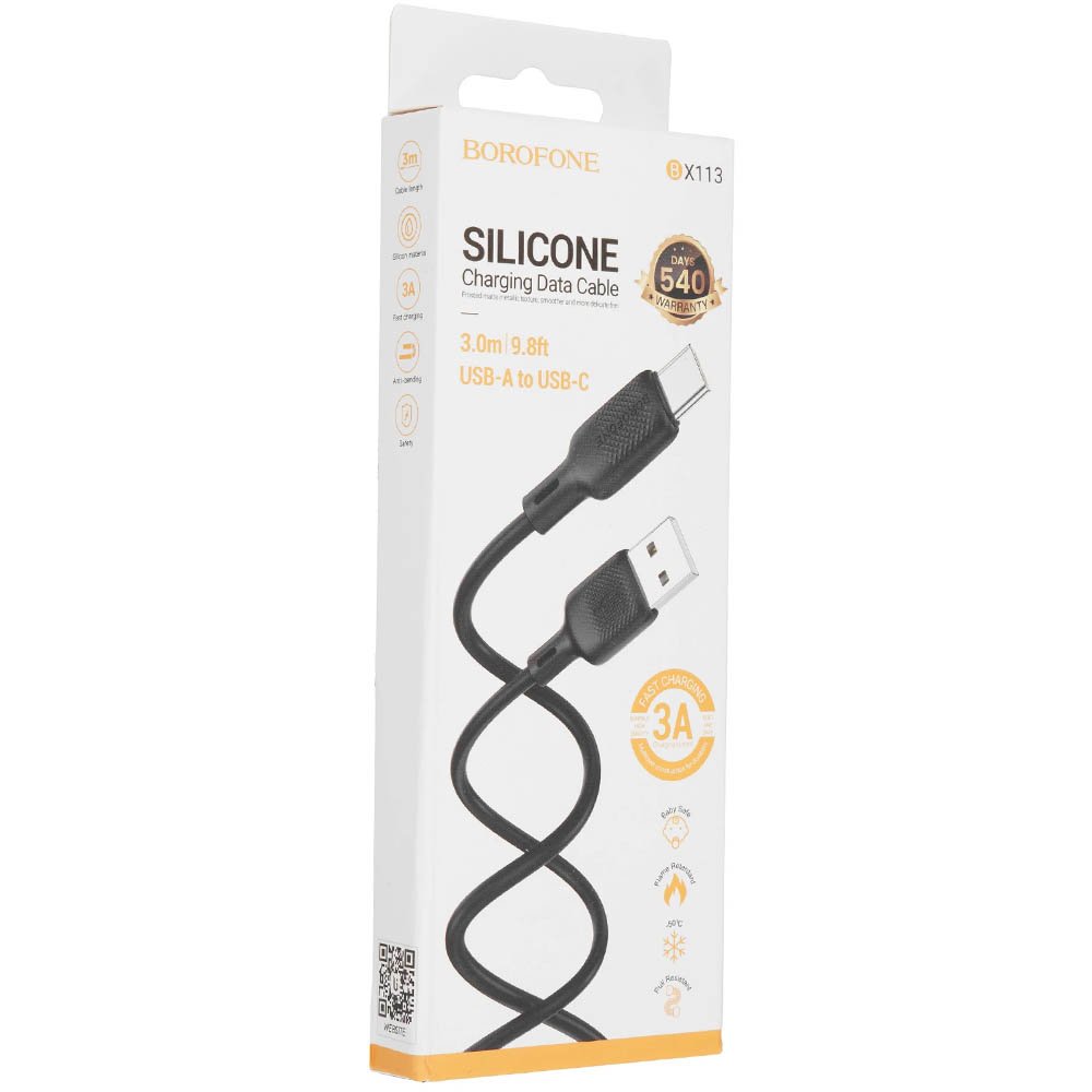 Кабель BOROFONE BX113 Lenny USB Type C, 3A, длина 3 метра, цвет черный