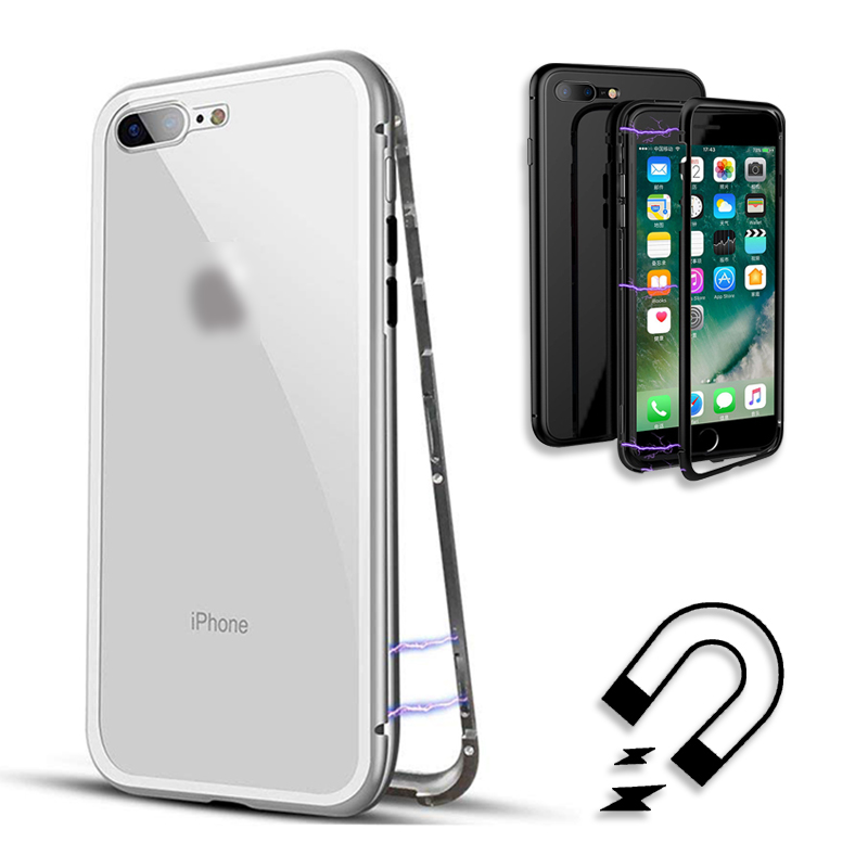 Чехол магнитный для APPLE iPhone 7, 8 Plus, металл, стекло, цвет серебряно прозрачный.
