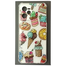 Чехол накладка для Realme C35, силикон, глянцевый, блестки, рисунок Мороженое и пончики