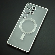 Чехол накладка FASHION CASE для SAMSUNG Galaxy S25 Ultra, с поддержкой MagSafe, силикон, защита камеры, прозрачный, цвет окантовки серебристый