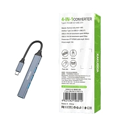 Адаптер, переходник, конвертер, хаб концентратор KAKUSIGA KSC-1429 4-in-1 с USB Type C на 4 USB A, 5 Гбит/с, длина 6 см, цвет черно серебристый