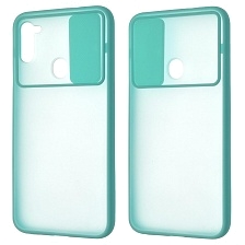 Чехол накладка для SAMSUNG Galaxy A11 (SM-A115), Galaxy M11 (M115), силикон, пластик, матовый, со шторкой для защиты задней камеры, цвет окантовки бирюзовый