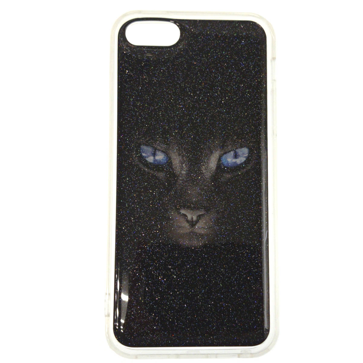 Чехол накладка для APPLE iPhone 5, iPhone 5S, iPhone SE, cиликон, блестки, рисунок черная кошка с голубыми глазами