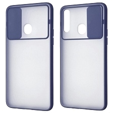 Чехол накладка для SAMSUNG Galaxy A20s (SM-A207), силикон, пластик, матовый, со шторкой для защиты задней камеры, цвет окантовки темно синий