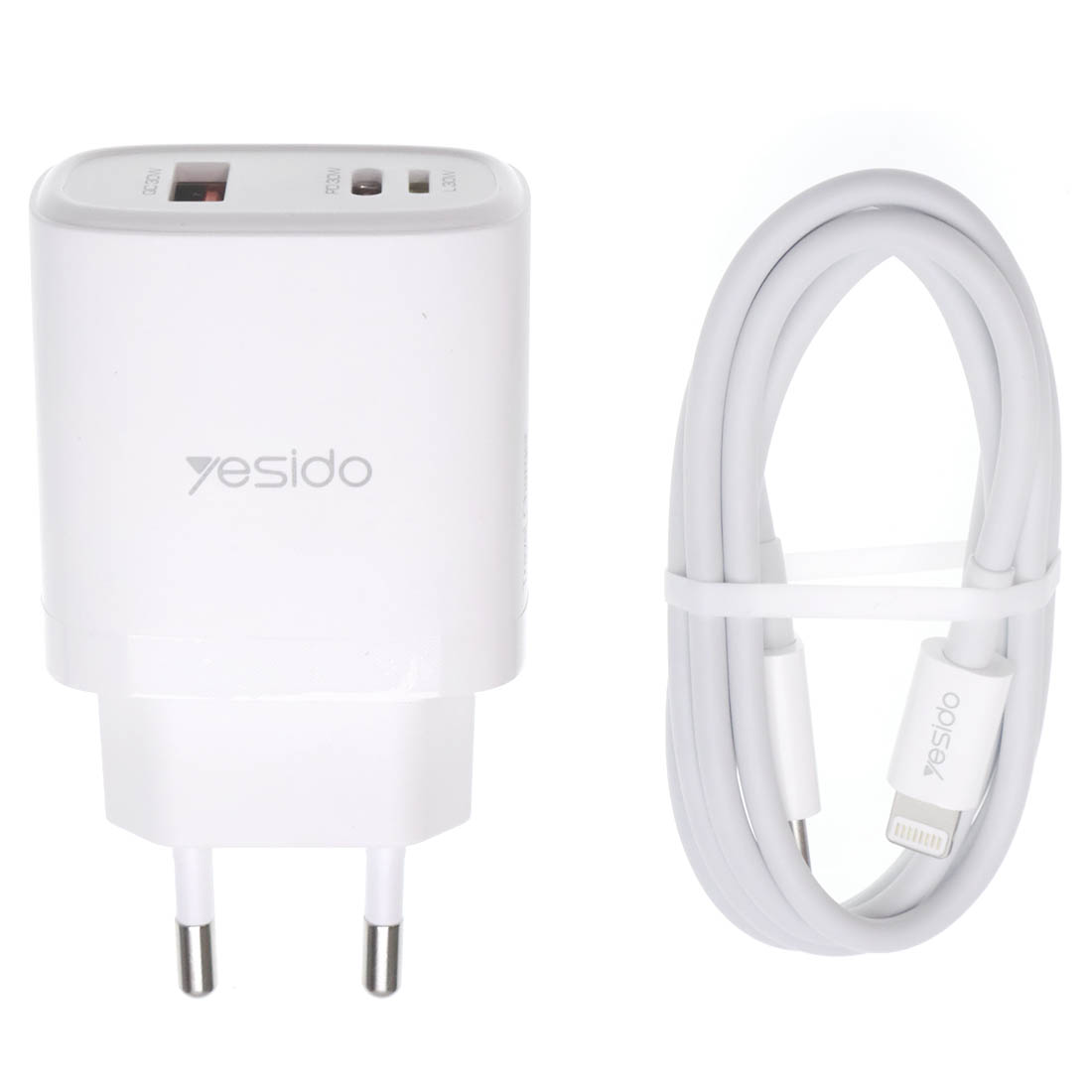СЗУ (Сетевое зарядное устройство) YESIDO YC52 с кабелем USB Type C на Lightning 8 pin, 30W, 1 USB Type C, 1 USB, 1 Lightning 8 pin, длина 1 метр, цвет белый