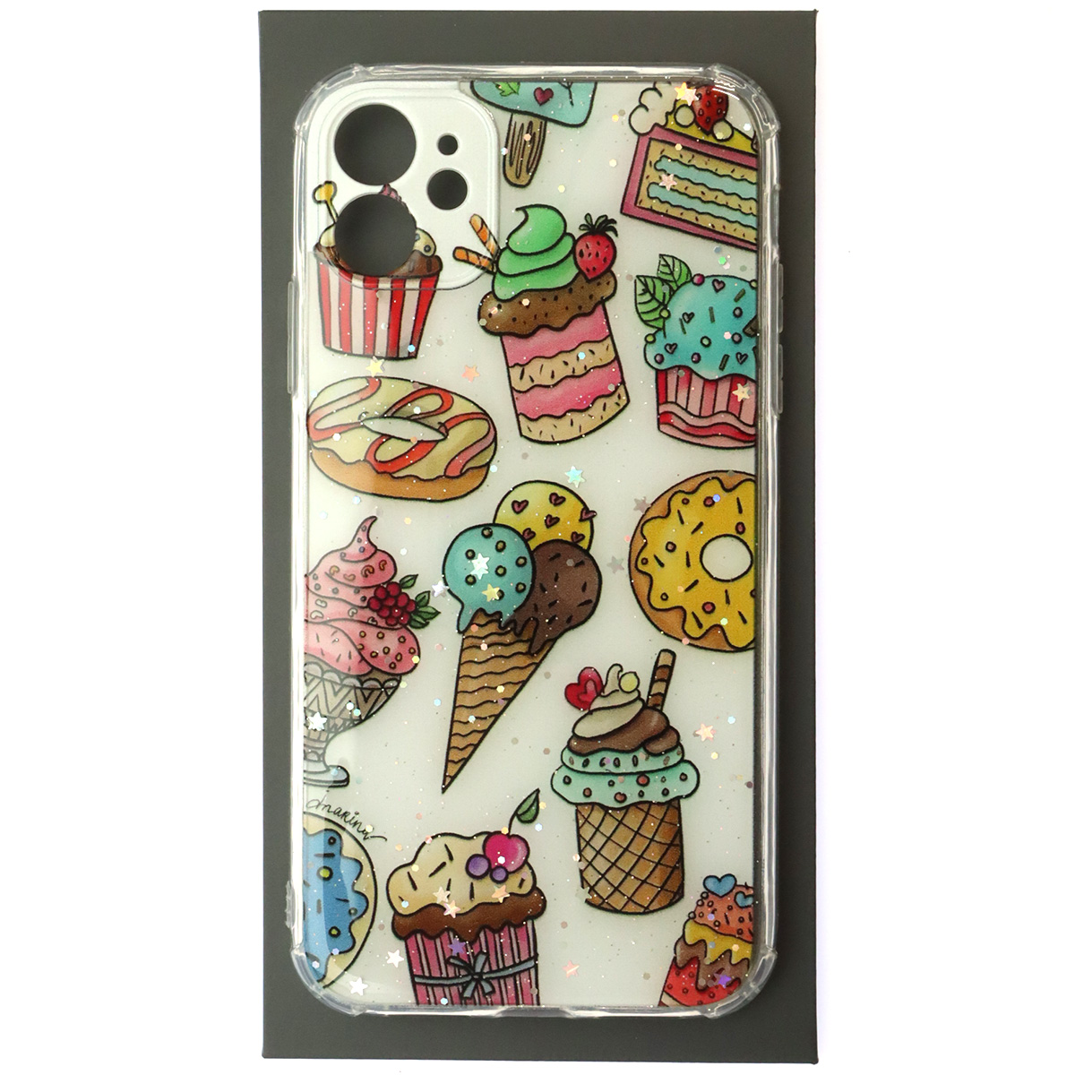 Чехол накладка для APPLE iPhone 11, силикон, глянцевый, блестки, рисунок Мороженое и пончики